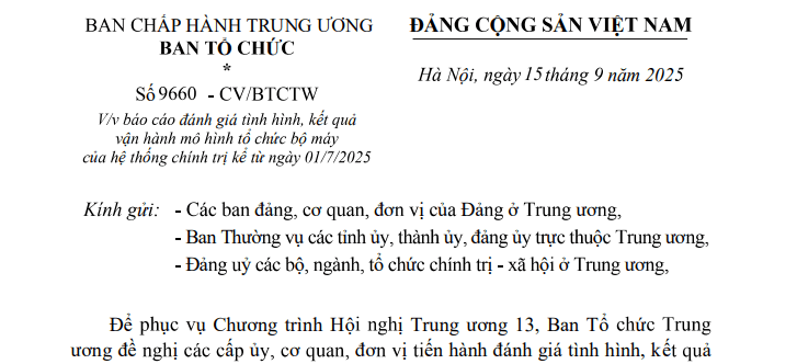 Công văn 9660-CV/BTCTW chỉ đạo mới về báo cáo kết quả vận hành tổ chức bộ máy của hệ thống chính trị