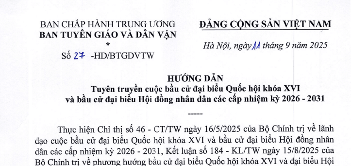 Đã có Hướng dẫn 27-HD/BTGDVTW về bầu cử đại biểu Quốc hội khóa XVI và  đại biểu HĐND các cấp nhiệm kỳ 2026 - 2031