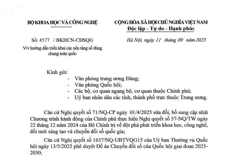 Công văn 4577/BKHCN-CĐSQG: Hướng dẫn triển khai các nền tảng số dùng chung toàn quốc