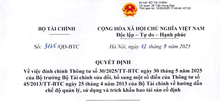 Quyết định 3165/QĐ-BTC: Đính chính Thông tư 30/2025/TT-BTC về trích khấu hao tài sản cố định