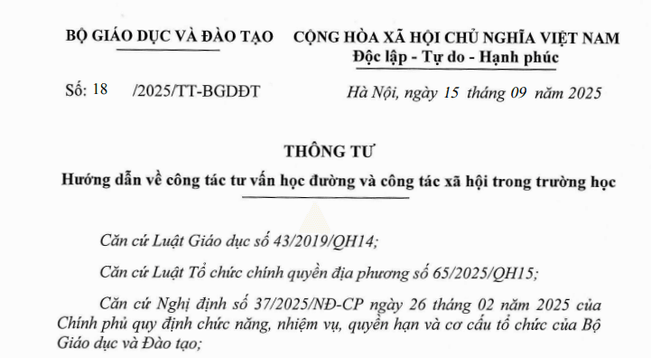 Đã có Thông tư 18/2025/TT-BGDĐT về công tác tư vấn học đường và công tác xã hội trong trường học
