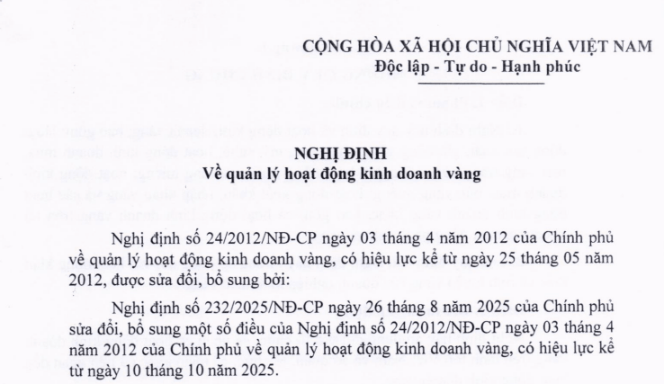 VBHN Nghị định về quản lý hoạt động kinh doanh vàng