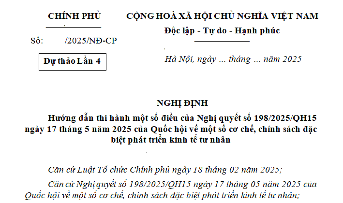Dự thảo Nghị định hướng dẫn cơ chế chính sách đặc biệt phát triển kinh tế tư nhân