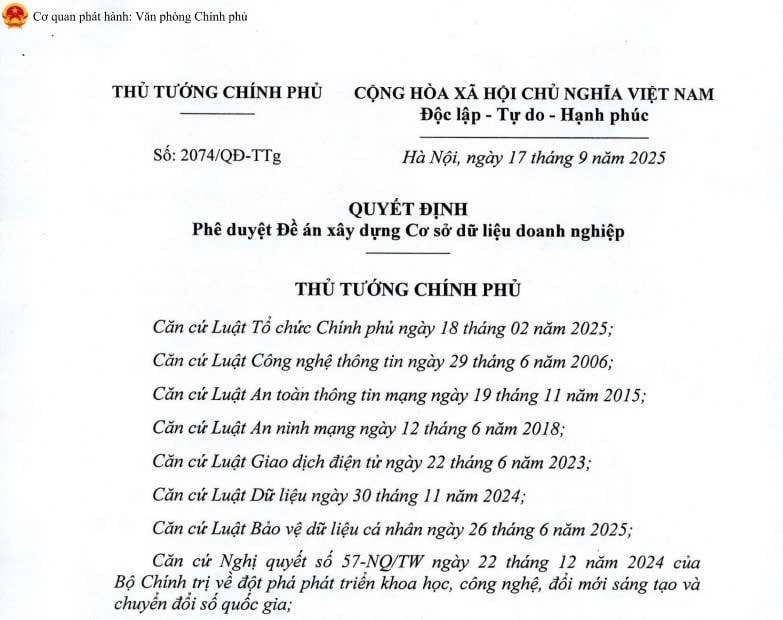 Quyết định 2074: Đề án xây dựng Cơ sở dữ liệu doanh nghiệp 