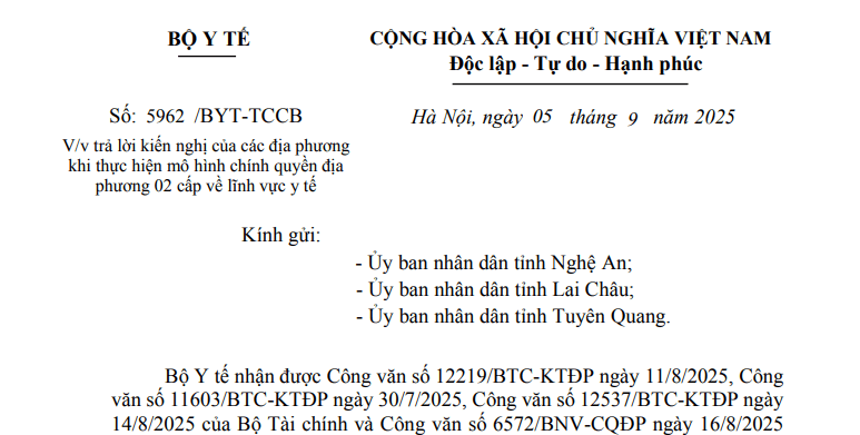 Toàn văn Công văn 5962/BYT-TCCB về mô hình chính quyền địa phương 02 cấp trong lĩnh vực y tế