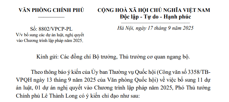 Công văn 8802: Thống nhất bổ sung 11 dự án luật, 01 dự án nghị quyết vào Chương trình lập pháp năm 2025