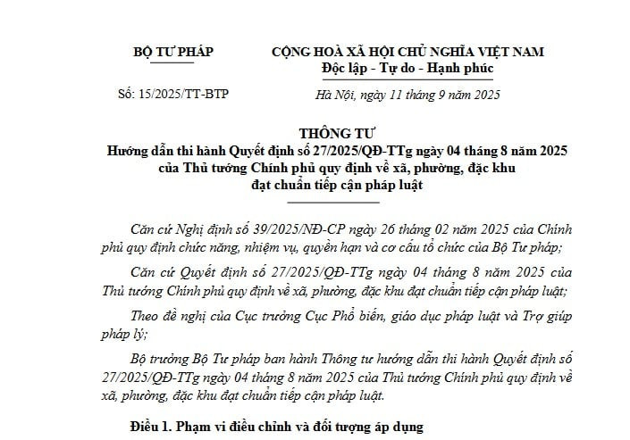 Đã có Thông tư 15/2025/TT-BTP hướng dẫn Quyết định 27 về xã, phường, đặc khu đạt chuẩn tiếp cận pháp luật 