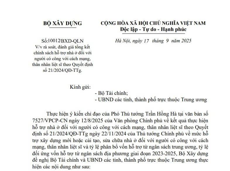 Công văn 10012: Rà soát, đánh giá chính sách hỗ trợ nhà ở với người có công theo Quyết định 21/2024/QĐ-TTg 