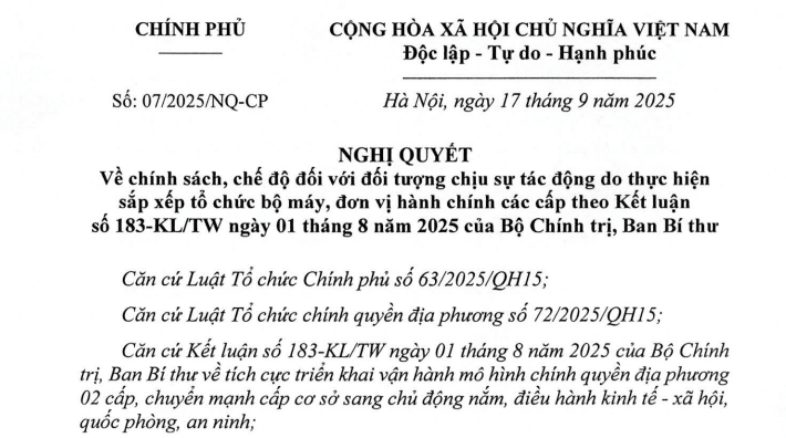 Đã có Nghị quyết 07/2025/NQ-CP về chính sách với cán bộ công chức chịu tác động do sắp xếp theo Kết luận 183