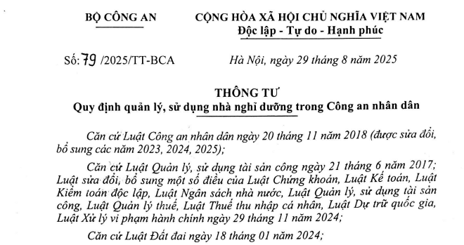 Đã có Thông tư 79/2025/TT-BCA về quản lý sử dụng nhà nghỉ dưỡng trong Công an nhân dân