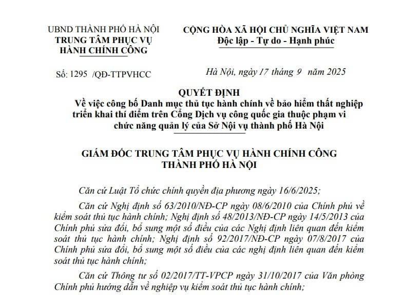 Quyết định 1295: Danh mục thủ tục về bảo hiểm thất nghiệp thí điểm trên Cổng DVCQG tại Hà Nội 