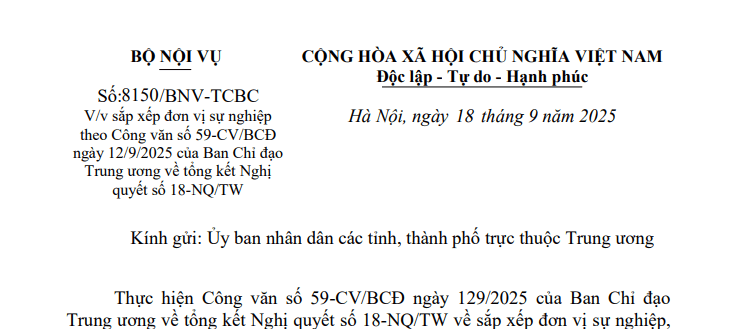 Toàn văn Công văn 8150/BNV-TCBC về sắp xếp đơn vị sự nghiệp theo Công văn 59-CV/BCĐ