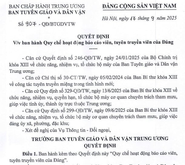 Đã có Quyết định 907 về Quy chế hoạt động báo cáo viên, tuyên truyền của Đảng