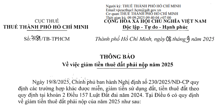 Thông báo 7181 về việc giảm tiền thuê đất phải nộp năm 2025 tại TPHCM