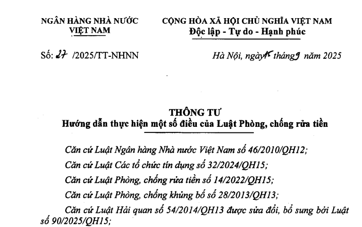 Đã có Thông tư 27/2025/TT-NHNN hướng dẫn Luật Phòng chống rửa tiền