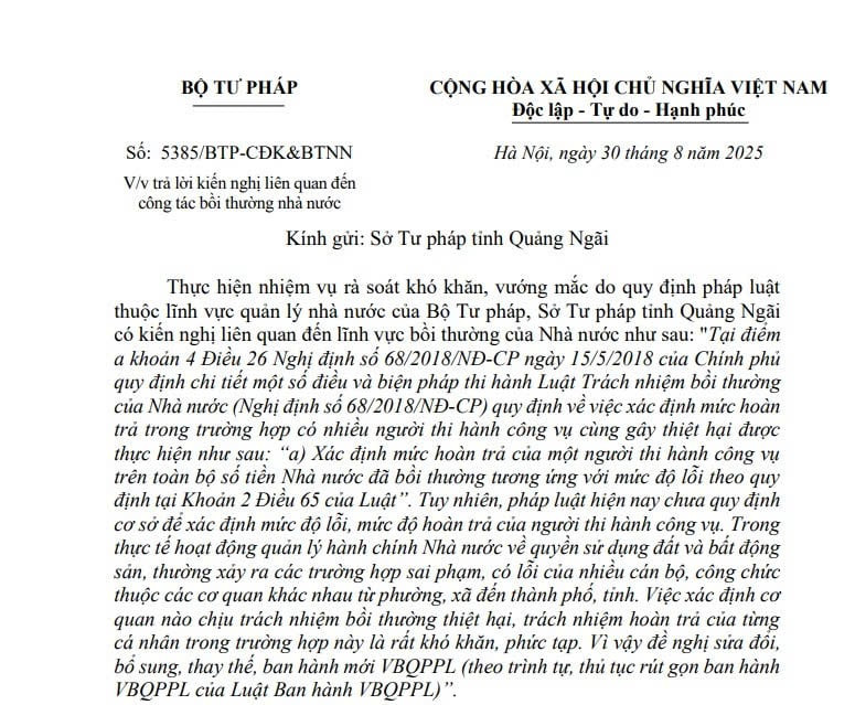 Công văn 5385: Bộ Tư pháp trả lời kiến nghị liên quan đến công tác bồi thường nhà nước 