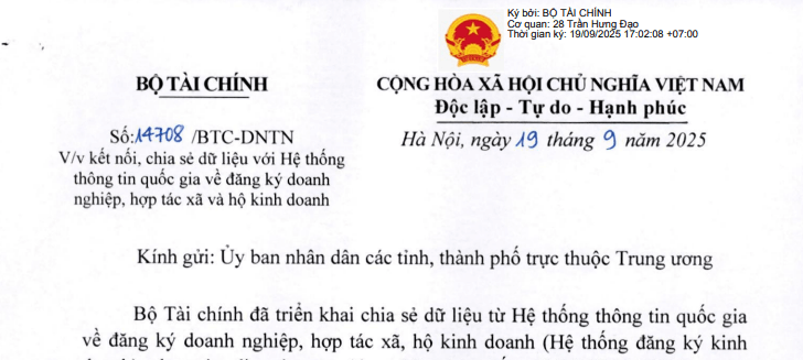 Công văn 14708: Hướng dẫn kết nối với hệ thống thông tin quốc gia về đăng ký doanh nghiệp, hợp tác xã