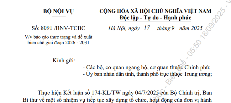 Toàn văn Công văn 8091/BNV-TCBC về báo cáo thực trạng và đề xuất biên chế giai đoạn 2026 - 2031