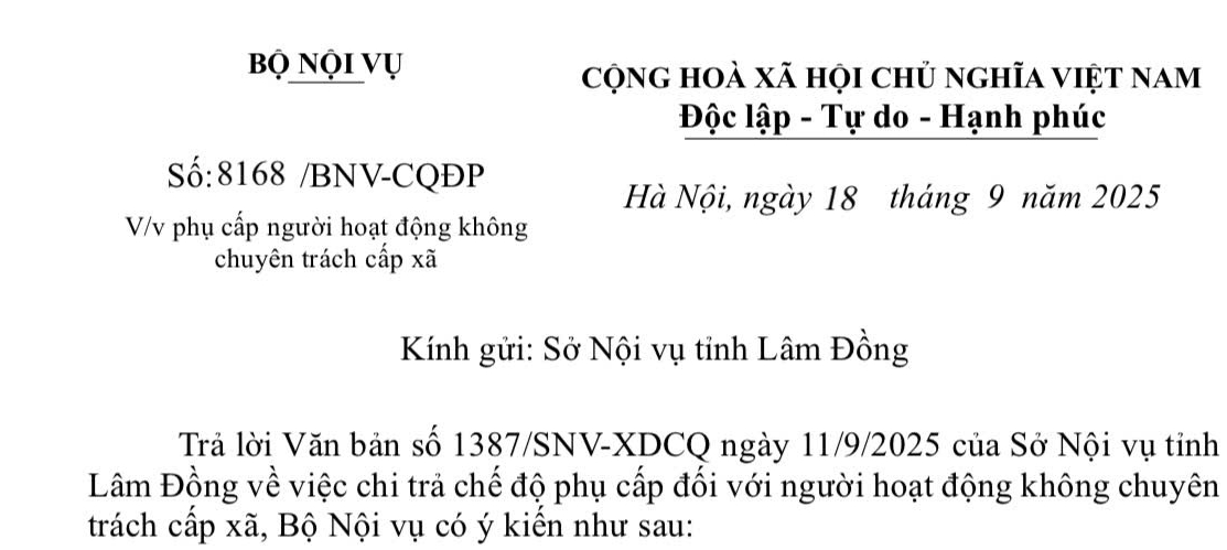 Toàn văn Công văn 8168/BNV-CQĐP về phụ cấp người hoạt động không chuyên trách cấp xã