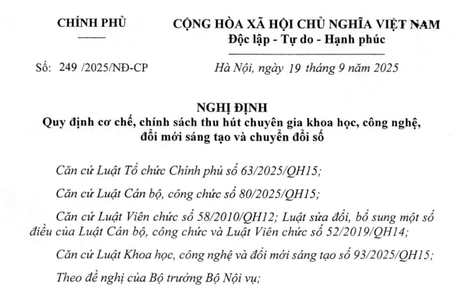 Đã có Nghị định 249/2025/NĐ-CP về chính sách thu hút chuyên gia khoa học công nghệ