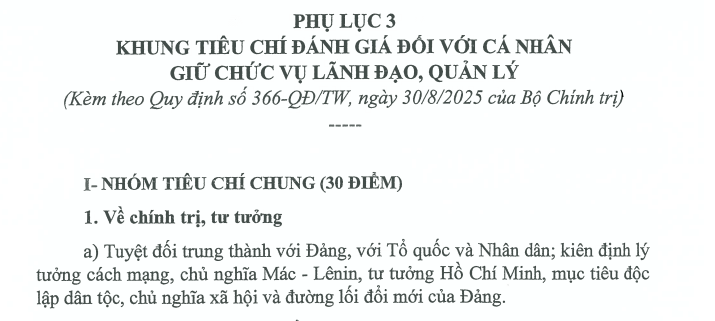 [Tải về] Khung tiêu chí mới về đánh giá xếp loại cá nhân giữ chức vụ lãnh đạo quản lý (Quy định 366 )