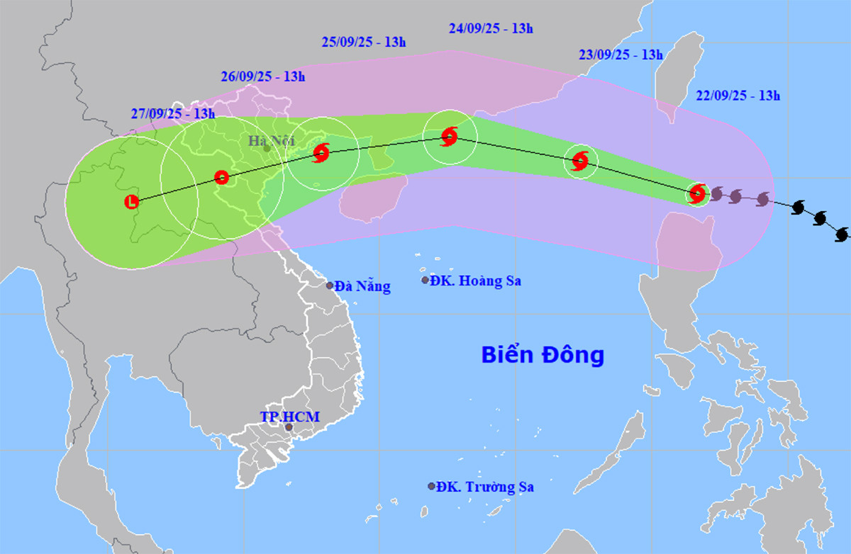 Bản đồ dự báo đường đi, khu vực ảnh hưởng của siêu bão Ragasa. (Nguồn: NCHMF)