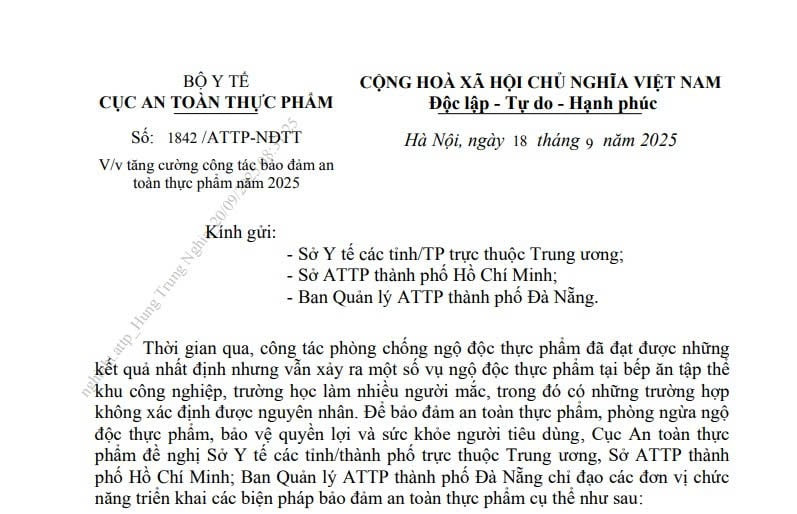 Công văn 1842/ATTP-NĐTT: Tăng cường công tác bảo đảm an toàn thực phẩm năm 2025 
