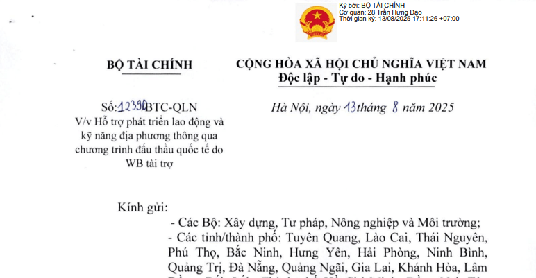 Công văn 12390/BTC-QLN: Hỗ trợ phát triển lao động kỹ năng địa phương thông qua chương trình đấu thầu quốc tế