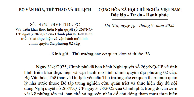 Công văn 4741: Hướng dẫn triển khai Nghị quyết 268 về vận hành mô hình chính quyền địa phương 02 cấp