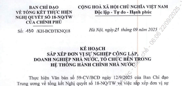 Đã có Kế hoạch 130/KH-BCĐTKNQ18 thực hiện Công văn 59-CV/BCĐ sắp xếp đơn vị sự nghiệp công lập, DNNN