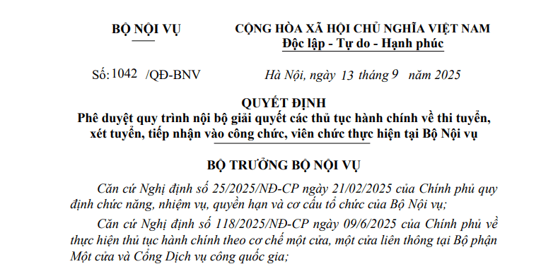 Quyết định 1042/QĐ-BNV: Quy trình giải quyết TTHC về thi tuyển xét tuyển tiếp nhận vào công chức viên chức