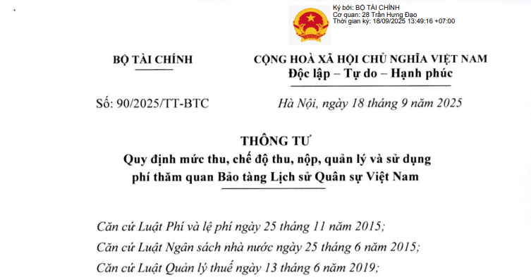 Đã có Thông tư 90/2025/TT-BTC về mức thu chế độ thu và sử dụng phí thăm quan Bảo tàng Lịch sử Quân sự Việt Nam