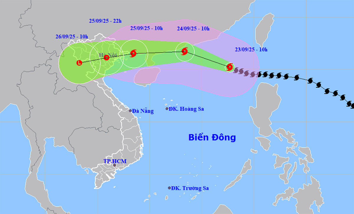 Bản đồ dự báo đường đi, khu vực ảnh hưởng của siêu bão Ragasa. (Nguồn: NCHMF)