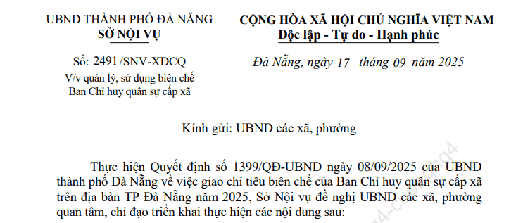 Công văn 2491/SNV-XDCQ hướng dẫn mới về biên chế Ban Chỉ huy quân sự cấp xã tại Đà Nẵng