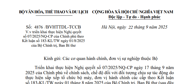 Đã có Công văn hướng dẫn Nghị quyết 07 về chính sách cho đối tượng chịu tác động từ sắp xếp bộ máy tại Bộ VHTTDL