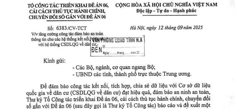 Công văn 6383/CV-TCT: Tăng cường bảo mật cho hệ thống kết nối, chia sẻ dữ liệu với CSDLQG về dân cư