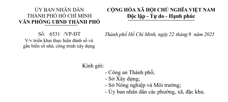 Công văn 6531/VP-ĐT: Chỉ đạo mới về đánh số và gắn biển số nhà, công trình xây dựng tại TPHCM