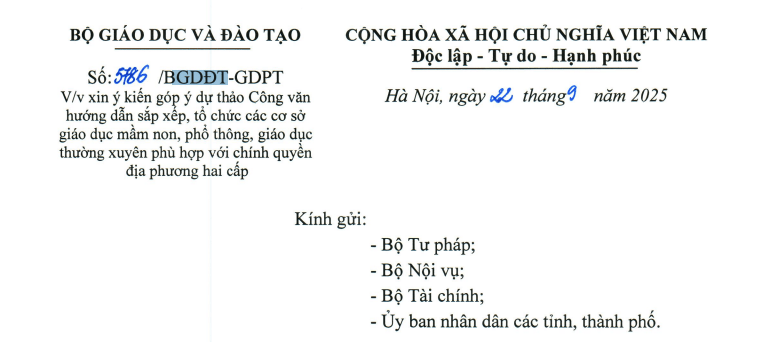 Công văn 5786: Bộ GDĐT lấy ý kiến về sắp xếp trường mầm non, THCS, GDTX theo chính quyền địa phương 02 cấp