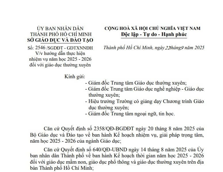 Công văn 2546: Hướng dẫn thực hiện nhiệm vụ năm học 2025 - 2026 với giáo dục thường xuyên tại TPHCM