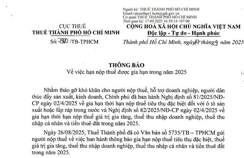 Thuế TPHCM thông báo hạn nộp thuế được gia hạn trong năm 2025 (Thông báo 7980/TB-ТPHCM) 