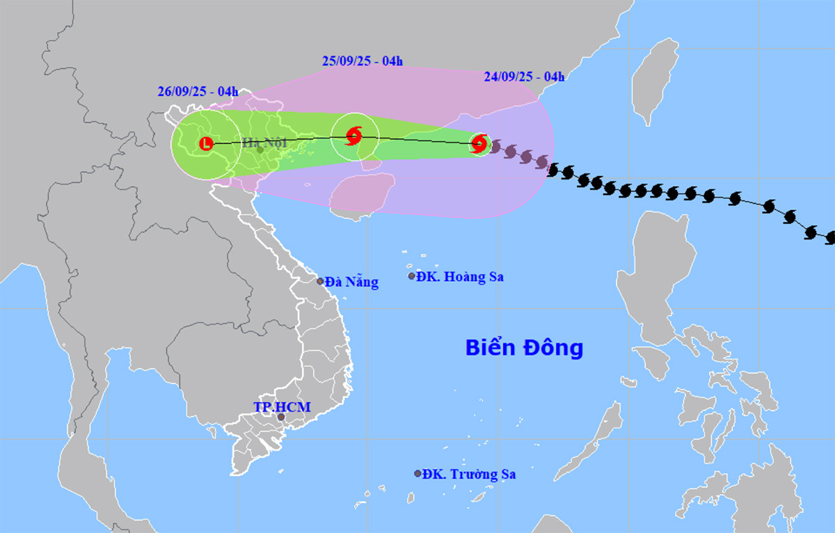 Bản đồ dự báo đường đi, khu vực ảnh hưởng của siêu bão Ragasa. (Nguồn: NCHMF)