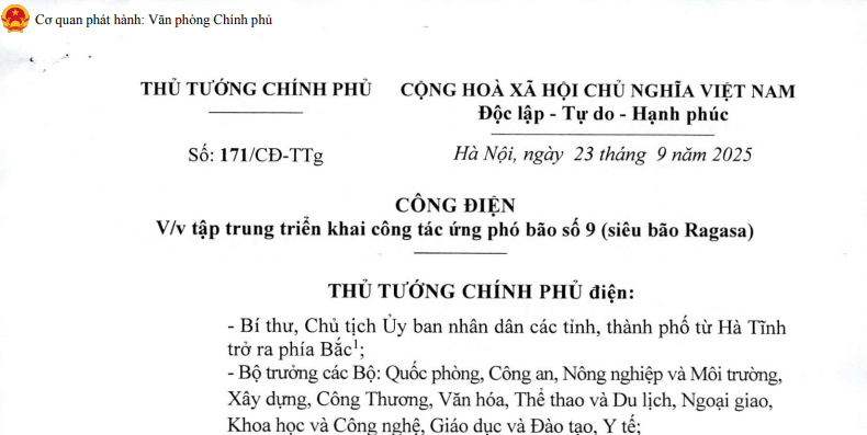 Công điện 171/CĐ-TTg: Chỉ đạo mới nhất về ứng phó bão số 9 (siêu bão Ragasa) của Thủ tướng Chính phủ 