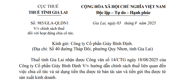 Công văn 985/GLA-QLDN1: Hướng dẫn mới về chính sách thuế đối với hoạt động chia cổ tức