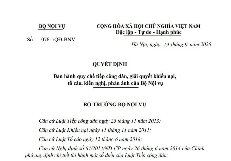 Quy chế tiếp công dân, giải quyết khiếu nại tố cáo, kiến nghị phản ánh của Bộ Nội vụ (Quyết định 1076/QĐ-BNV) 