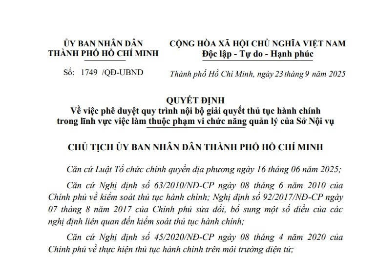 08 quy trình nội bộ giải quyết thủ tục hành chính về việc làm thuộc quản lý của Sở Nội vụ TPHCM từ 23/9/2025 
