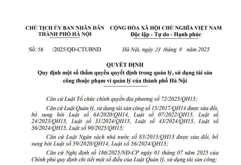Quyết định 58: Quy định thẩm quyền quyết định trong quản lý và sử dụng tài sản công thuộc quản lý của thành phố Hà Nội 
