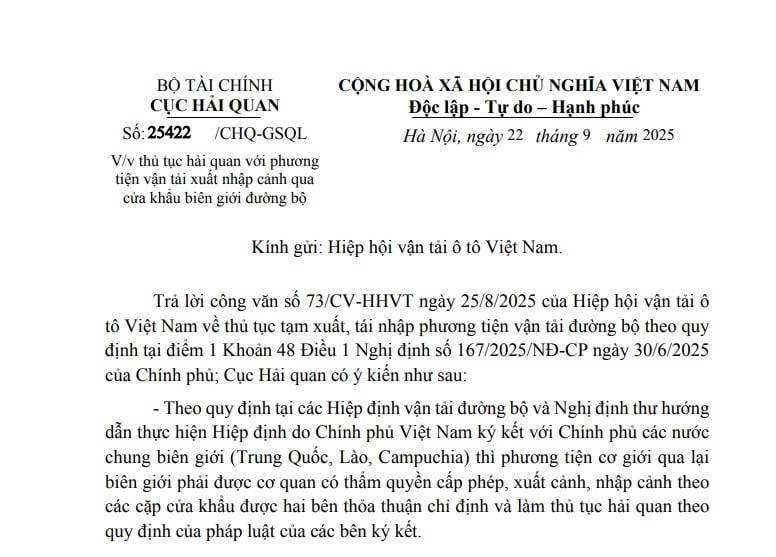 Công văn 25422: Thủ tục hải quan với phương tiện vận tải xuất nhập cảnh qua cửa khẩu biên giới đường bộ