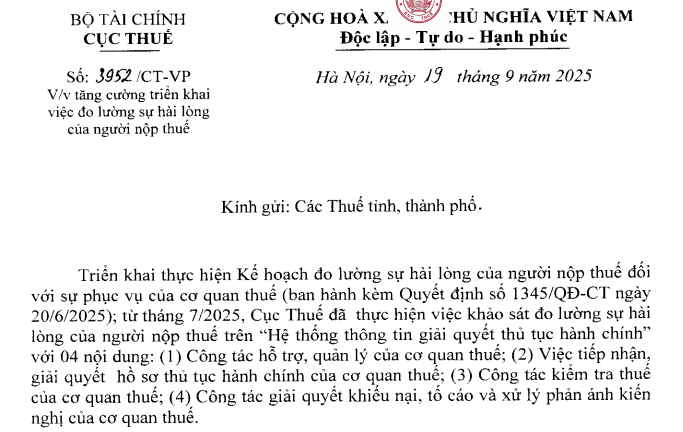 Đã có Công văn 3952/CT-VP triển khai đo lường sự hài lòng của người nộp thuế