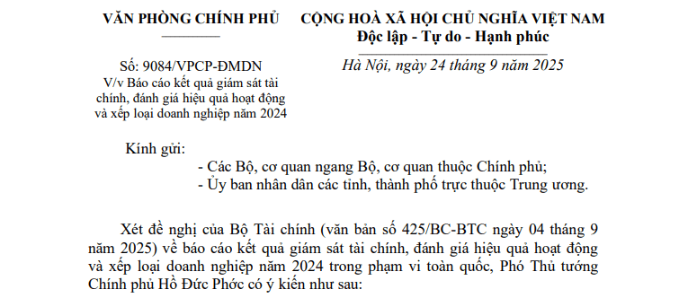 Công văn 9084: Chỉ đạo mới về báo cáo kết quả giám sát tài chính và xếp loại doanh nghiệp năm 2024