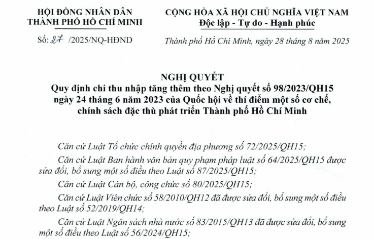 Nghị quyết 27 về mức chi thu nhập tăng thêm với công chức, viên chức TPHCM